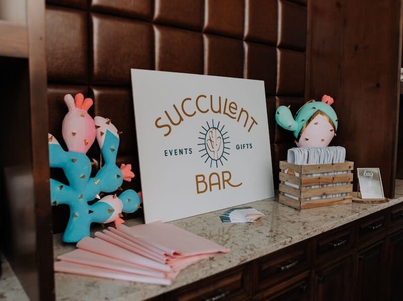 succulent bar sign and display at succulent themed corporate event in Houston Texas