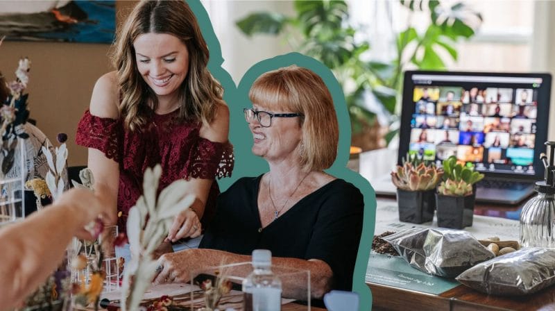 woman helping each other for decorating succulent plant and other image of virtual decor succulent event